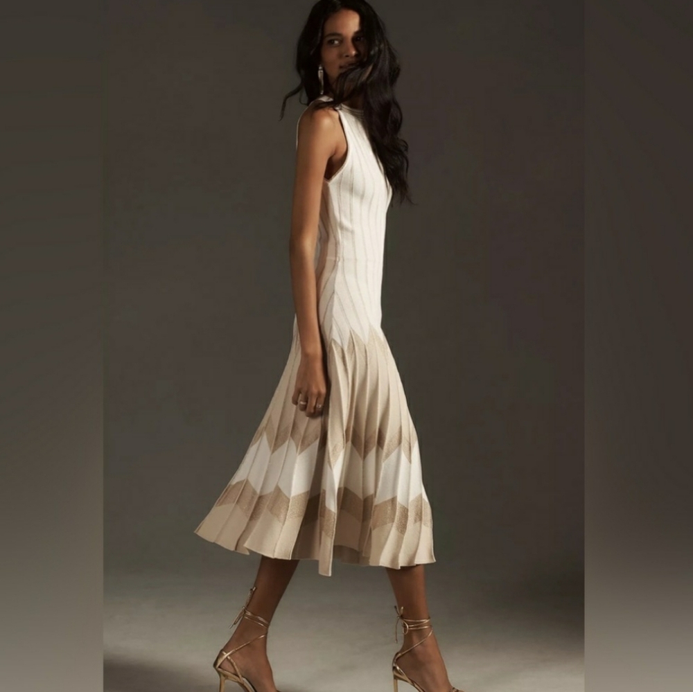 NEW Anthropologie Gold and Ivory Knit Midi Dress Small